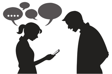 A man yells at a woman who is absorbed in her smartphone. Vector illustration symbolizing relationship conflict, phubbing, and communication breakdown.