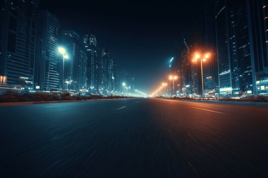 Urban nightscape with illuminated skyscrapers and motion-blurred road in a modern city center - Powered by Adobe