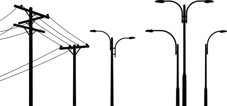Silhouette vector of street light poles, electric utility poles with wires, city infrastructure, urban elements, isolated black white illustration graphic