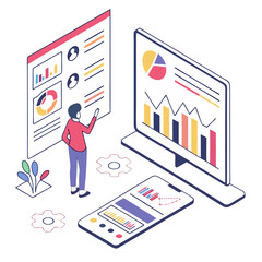 Person analyzing data on screen and mobile device with charts and graphs