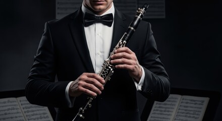 Elegant musician in a tuxedo preparing to play the clarinet on stage for a classical music concert or performance