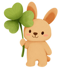 Rabbit holding a clover leaf PNG, featuring a cute and lucky charm design. Perfect for spring, St. Patrick’s Day, and nature-themed projects. Transparent background for easy use.