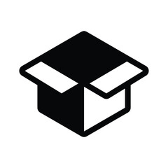 Minimal Isometric Parcel Icon. Open Cardboard Box in Black Silhouette