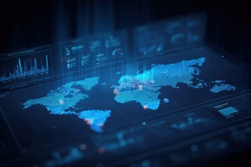Global Network Interface Displaying Data, Connections, and Information Flow with Holographic Effect, Dark Blue Background
