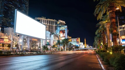 Fototapeta premium Nighttime Las Vegas Strip scene featuring glowing signs, large empty white billboard, roadside palm trees, perfect mockup for outdoor advertising in vibrant illuminated city setting