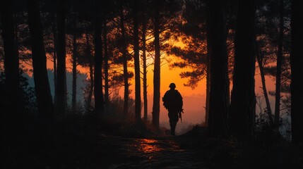 Fototapeta premium The setting sun silhouettes a soldier with a gun walking into the forest, evoking a sense of mystery and purpose.