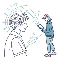 Person controlling artificial intelligence with a tablet and digital network connection