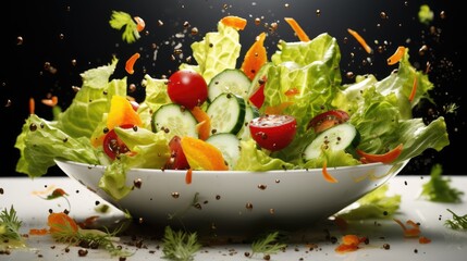 Vegetable salad in a bowl with flying ingredients and drops of olive oil