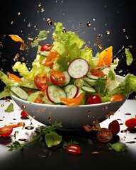 Vegetable salad in a bowl with flying ingredients and drops of olive oil