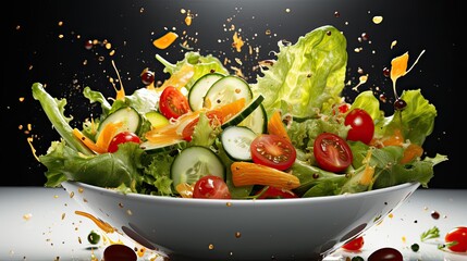 Vegetable salad in a bowl with flying ingredients and drops of olive oil