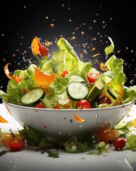 Vegetable salad in a bowl with flying ingredients and drops of olive oil