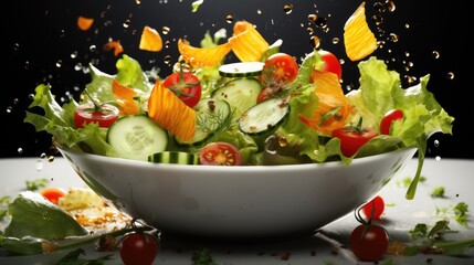 Vegetable salad in a bowl with flying ingredients and drops of olive oil
