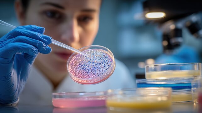 Female scientist examining cell cultures in petri dish for pharmaceutical research and development in laboratory