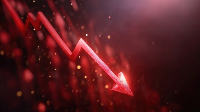 Economic Downturn: A bold red arrow dramatically descends against a dark backdrop, symbolizing economic recession and financial decline, capturing the weight of uncertainty and market volatility.