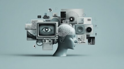 Conceptual Visualization of Information Overload and Data Streams: Head with TV Screen and Data Graphics