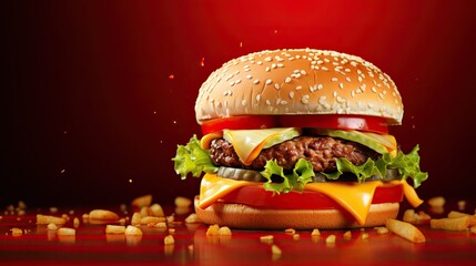 Fresh Hamburger on a Red Background