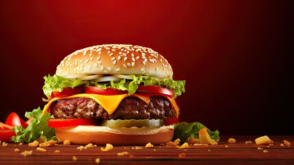 Fresh Hamburger on a Red Background