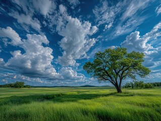 Fototapeta premium Vast field, lone tree, blue sky (1)