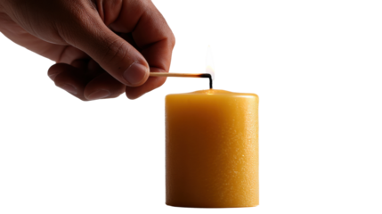 Lighting a candle with a match still life warm atmosphere isolated on transparent background, png