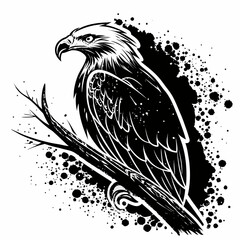 Stylized black and white eagle perched on a branch with ink splatter