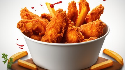 Fried Chicken hot crispy strips crunchy pieces of tenders in a Bucket