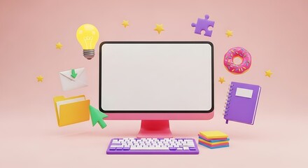 Modern 3d illustration of computer screen, workspace, and floating office and creative icons