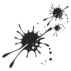 Dynamic black ink splatter with droplets on white background