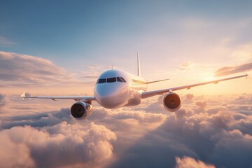 Commercial Airplane Flying Above the Clouds at Sunset - Aviation, Travel, Transportation Concept