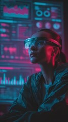 Obraz premium Woman Wearing Futuristic Augmented Reality Glasses Analyzing Data on a Screen Displaying Charts and Graphs