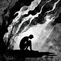 Silhouetted figure sits in a gloomy woodland scene