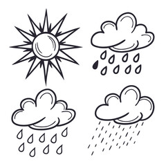 Hand drawn weather icons sun and rain clouds