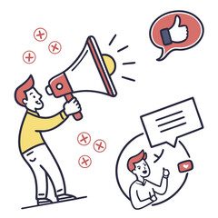 Man with megaphone announcing positive feedback and social media engagement