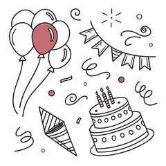 Hand drawn birthday party elements with balloons cake and confetti