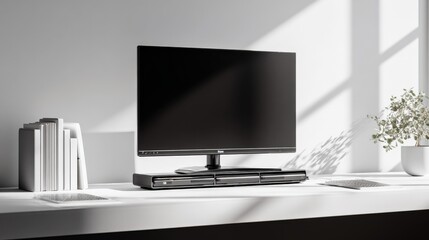 Modern Television Set on Desk with Books and Plant in Bright Minimalist Interior