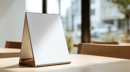 Fototapeta premium Blank Table Tent Card on Wooden Surface Mockup for Restaurant Advertising and Promotion