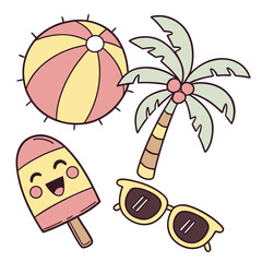 Cute summer vacation icons including a beach ball popsicle palm tree and sunglasses