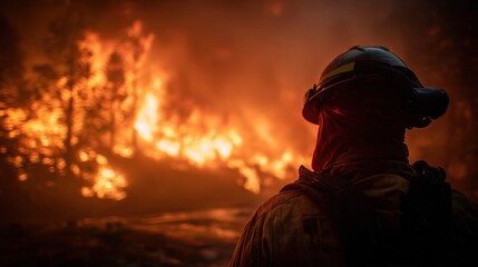 Fototapeta premium Firefighter facing intense flames during wildfire, highlighting bravery and commitment to public safety in dangerous conditions
