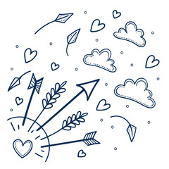 Cupid arrows and hearts with clouds hand drawn doodle art