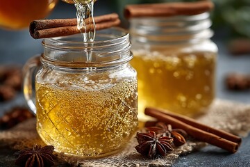 Refreshing drink with honey and cinnamon sticks in glass jars healthy and appetizing beverage concept