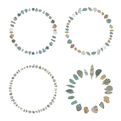 Set of round frames from sea shells and plants. 