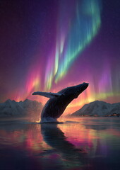Fototapeta premium Majestic Whale Jump under Full-Spectrum Northern Lights