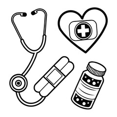 Set of medical icons including a stethoscope heart with first aid kit bandages and medicine bottle