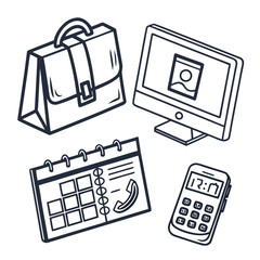 Business essentials including a briefcase computer calendar and phone icons
