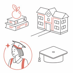 Education and graduation icons featuring school building books apple and graduate