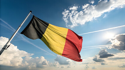 The belgian flag proudly waves against a bright blue sky filled with fluffy white clouds and contrails from airplanes