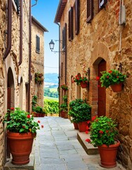 Italian village alleyway with flowers