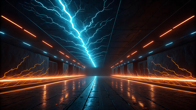 Futuristic neon illuminated tunnel with vibrant blue lightning striking down the center and orange glowing lines on the sides reflecting on a wet surface