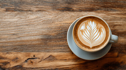 A beautifully crafted latte art coffee in a gray cup on a rustic wooden table setting