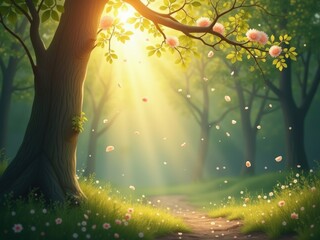 Magical forest scene with golden sunbeams and glowing particles filtering through the deep woods. Enchanted woodland with dramatic god rays and sparkling fireflies in a mysterious setting