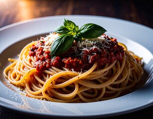 Spaghetti with tomato sauce, basil and parmesan
